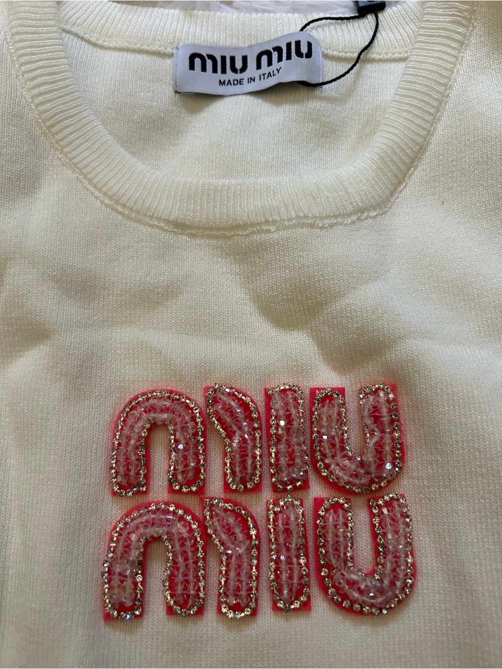 Miu Miu Cream Knit Tank with Pink Embroidered Logo - Picture 2 of 2